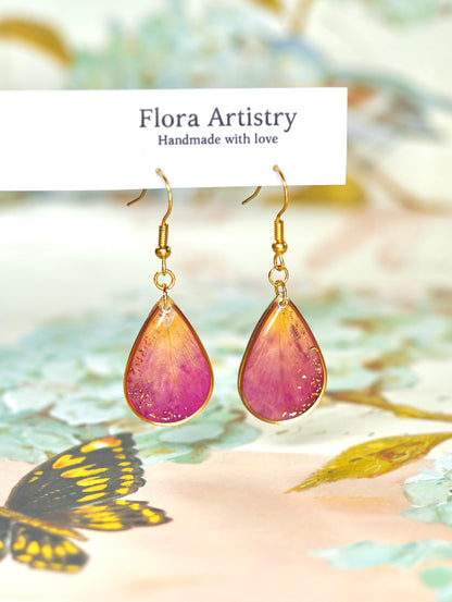 Gold Crecent Garden Rose Petal Teardrop Earrings