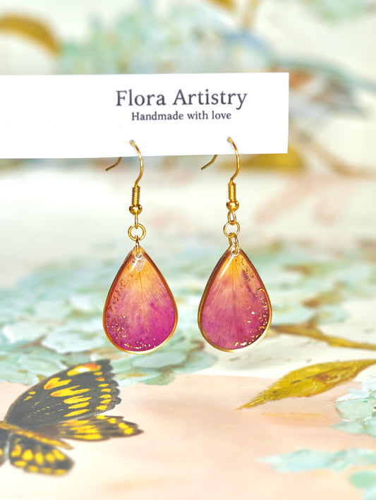 Gold Crecent Garden Rose Petal Teardrop Earrings