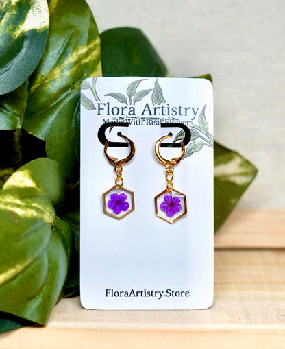Purple Pressed Flower Huggie Hoops Earring