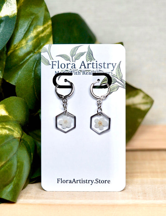 White Pressed Flower Huggie Hoops Earring