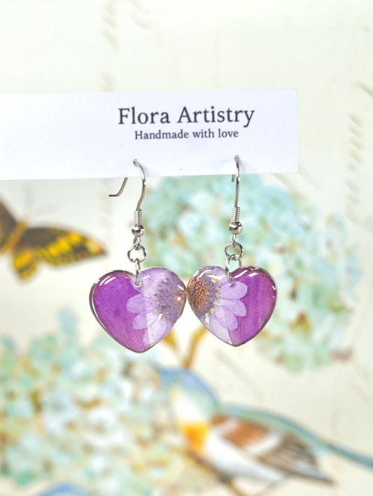 Purple Zennia Wildflower Heart Earrings