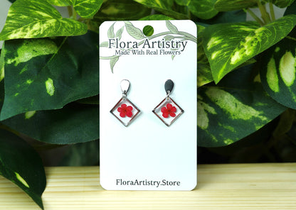 Red Flower Square Dangle Stud Earrings