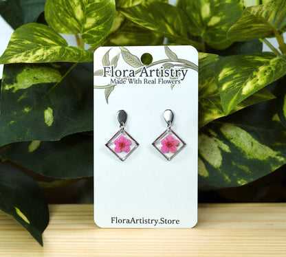 Pink Flower Square Dangle Stud Earrings