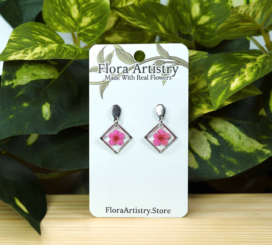 Pink Flower Square Dangle Stud Earrings