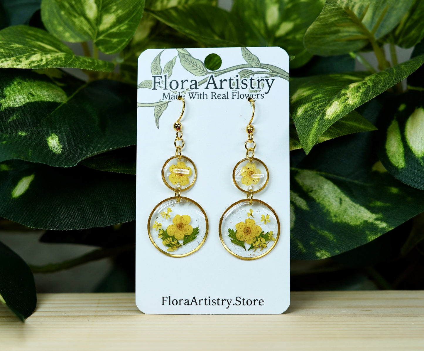 Yellow Flower Stacking Circle Gold Dangle Earring