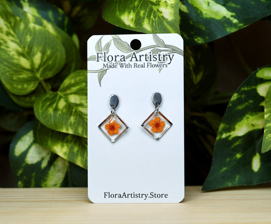 Orange Flower Square Dangle Stud Earrings