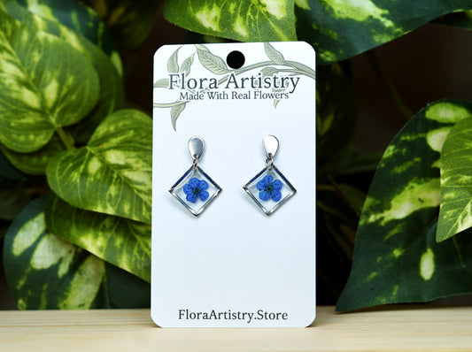 Blue Flower Square Dangle Stud Earrings