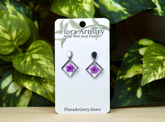 Purple Flower Square Dangle Stud Earrings