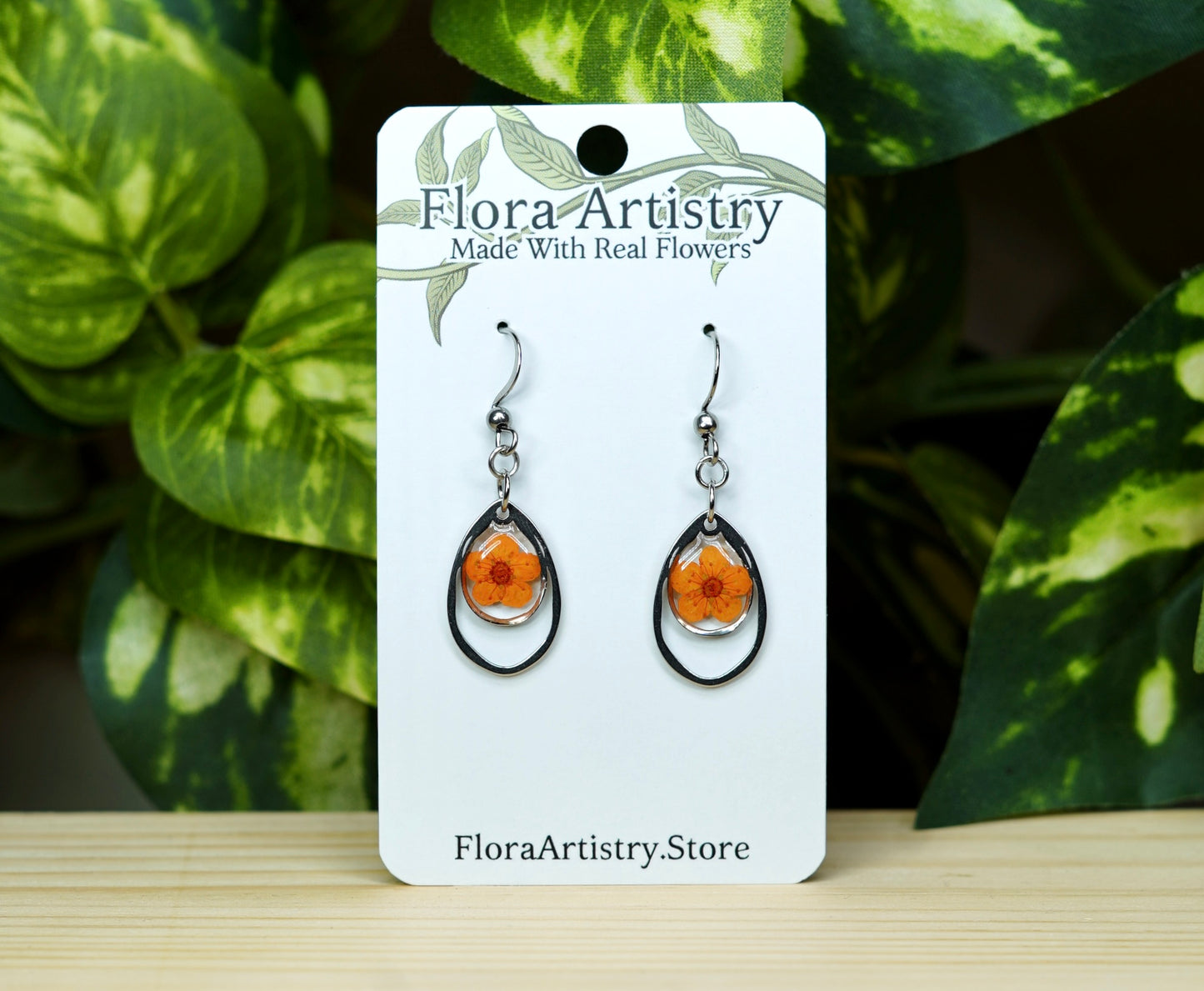 Orange Flower Teardrop Dangle Earring