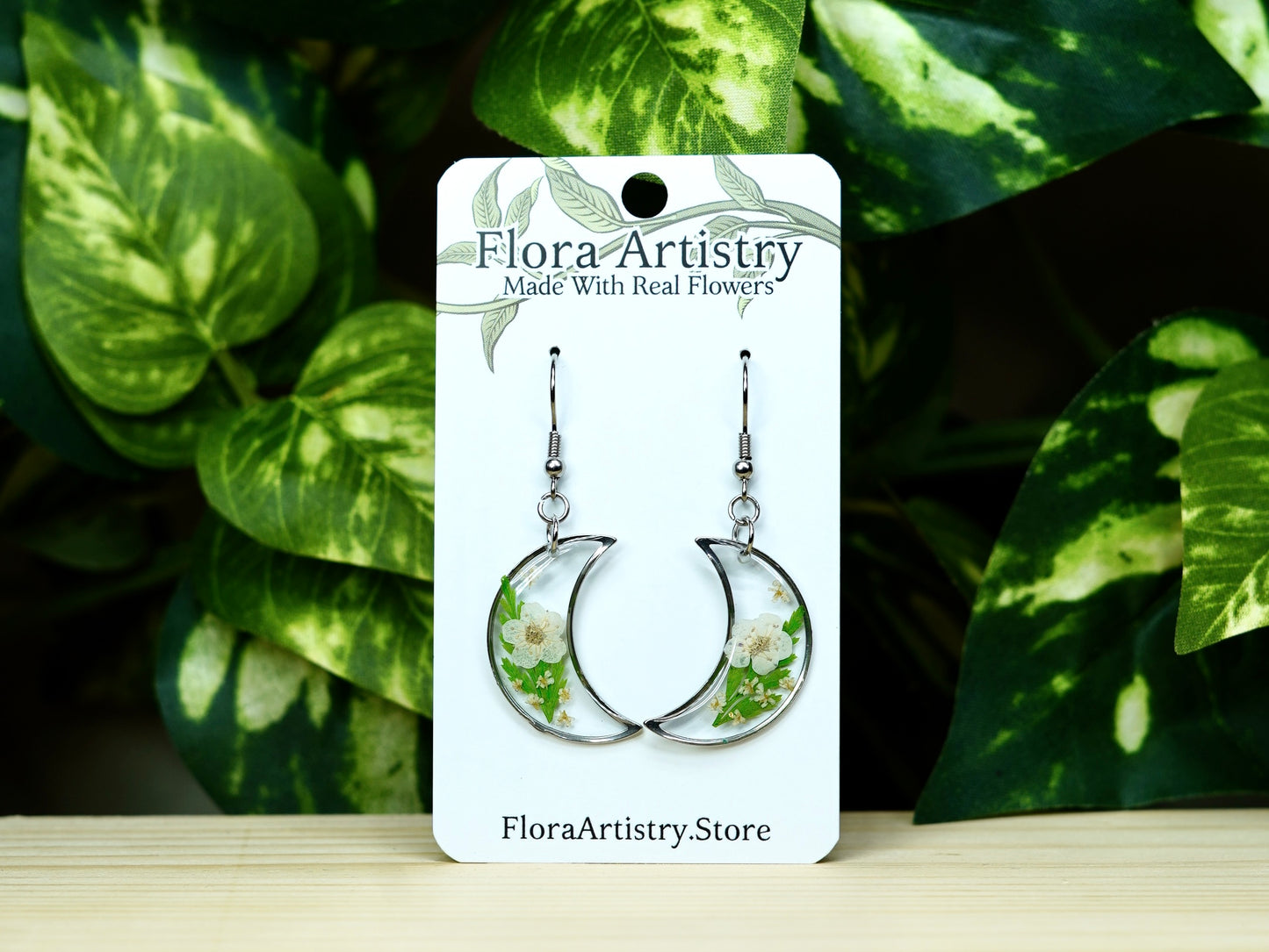 White Flower & Fern Moon Crescent Dangle Earring