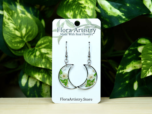 White Flower & Fern Moon Crescent Dangle Earring