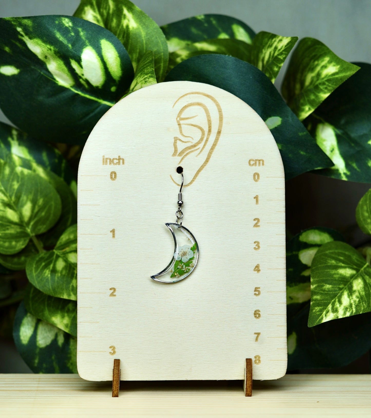 White Flower & Fern Moon Crescent Dangle Earring