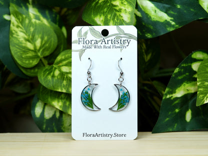 Blue Flower & Fern Moon Dangle Earring