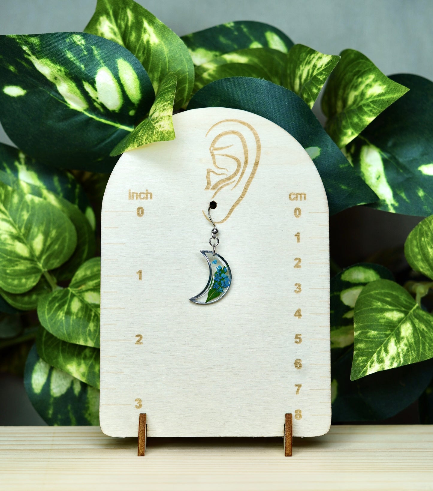 Blue Flower & Fern Moon Dangle Earring