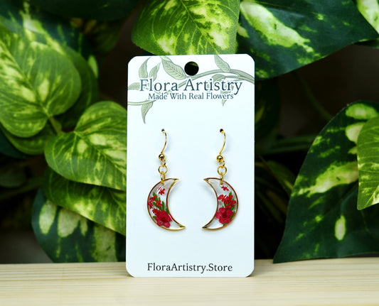 Red Flower & Fern Moon Dangle Earring