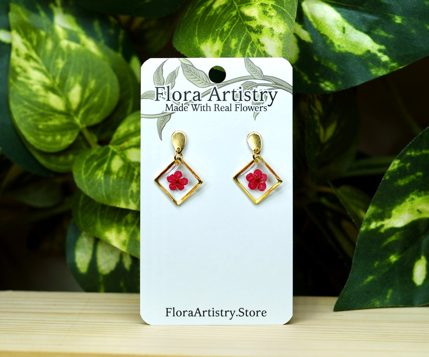 Red Flower Square Dangle Stud Earrings