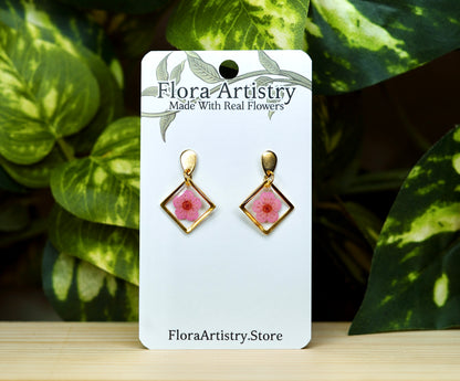 Pink Flower Square Dangle Stud Earrings