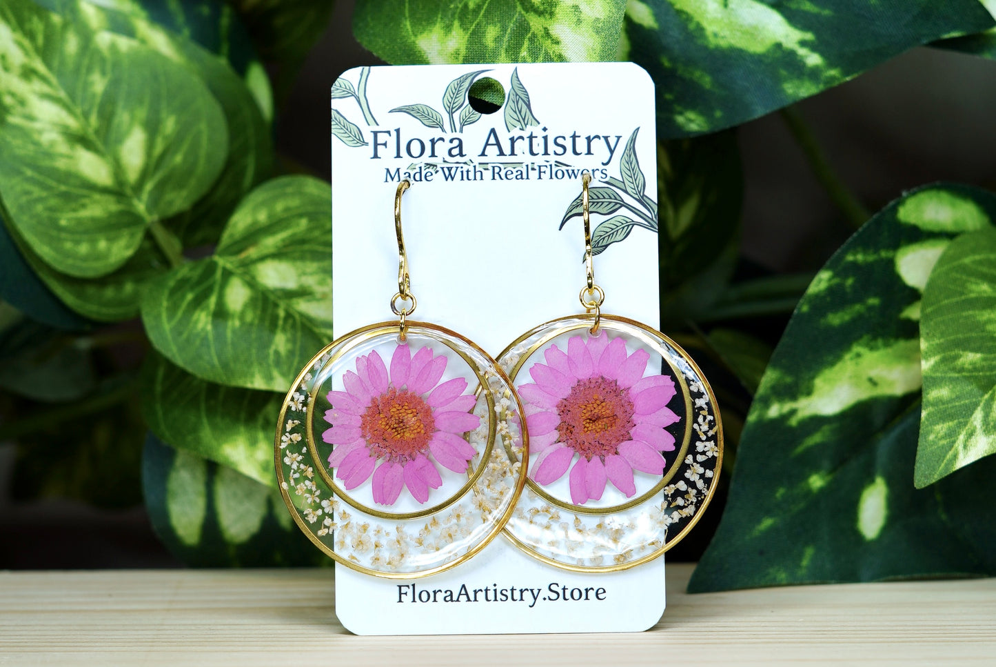 Bohemian Pink Daisy Flower Circle Dangle Earrings