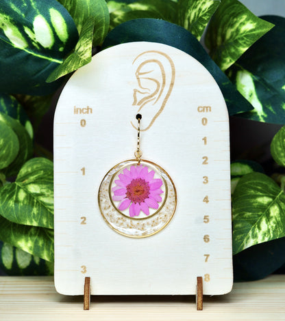 Bohemian Pink Daisy Flower Circle Dangle Earrings