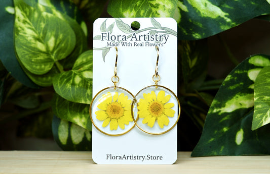 Sunny Yellow Daisy Flower Gold Hoops Dangle Earrings