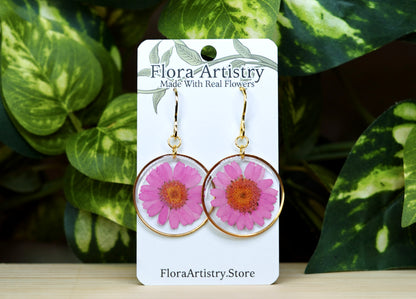 Pink Daisy Flower Hoops Dangle Earrings