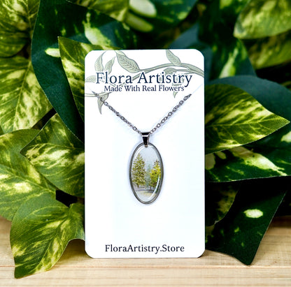 Forest Illustration Oval Flower Circle Necklace