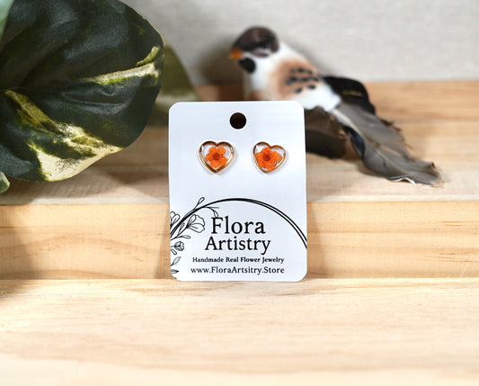 'Sweet Heart' Orange Flower Gold Studs