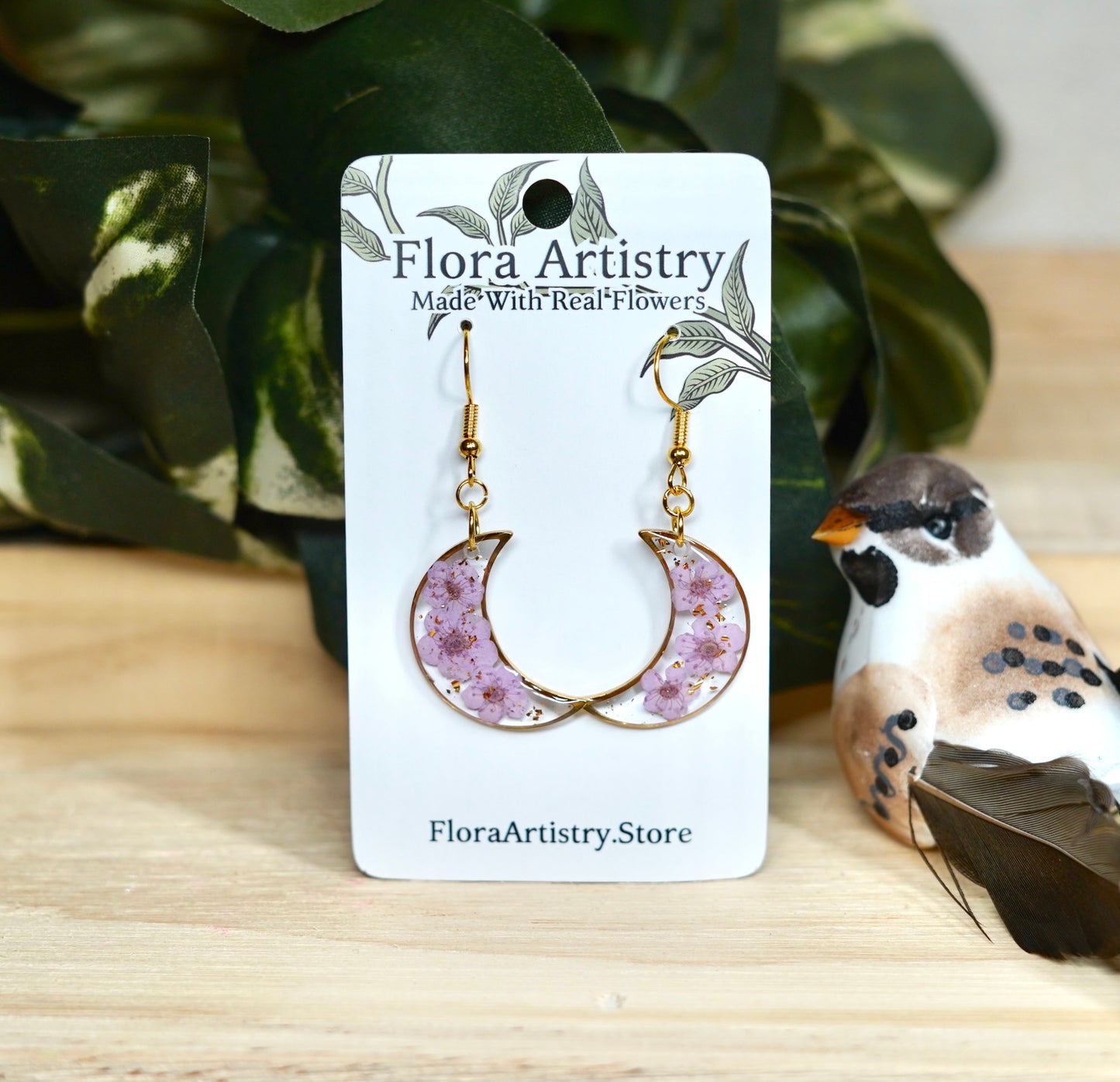 Pastel Purple Flower Gold Moon Crescent Dangle Earring