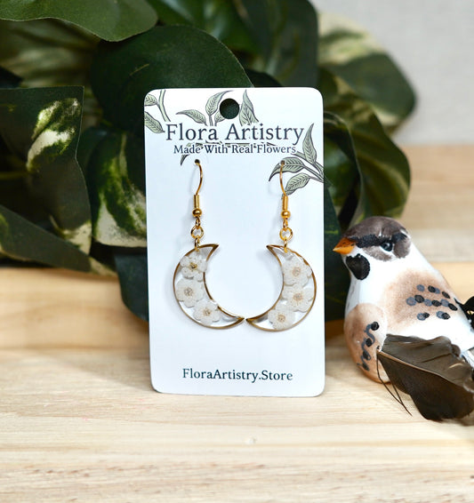 White Flower Gold Moon Crescent Dangle Earring