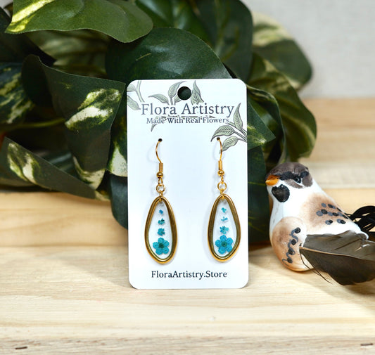 Blue Flower Fall Chunky Oval Dangle Gold Earring