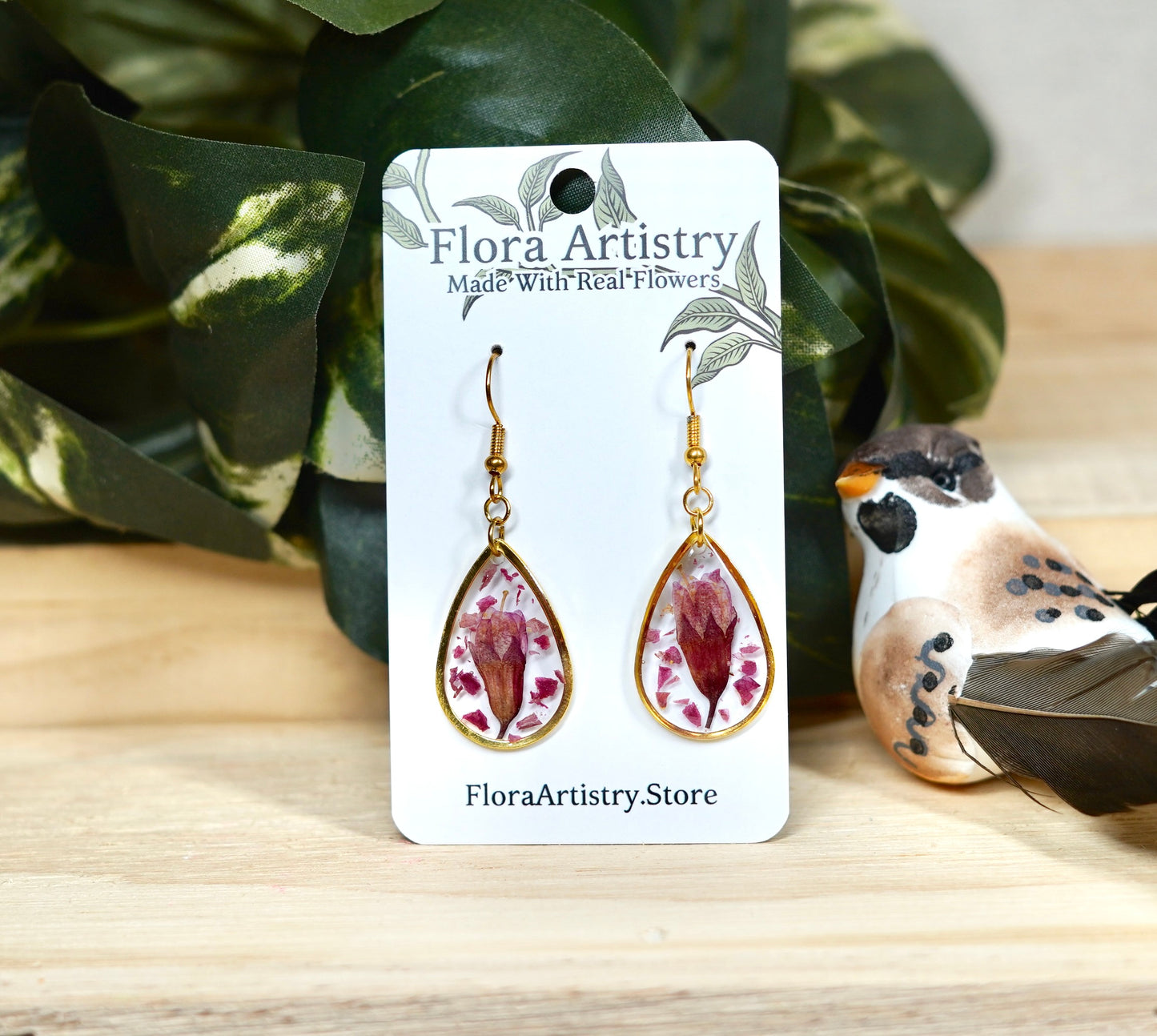 Cherry Blossom Flower Gold Teardrop Dangle Earring