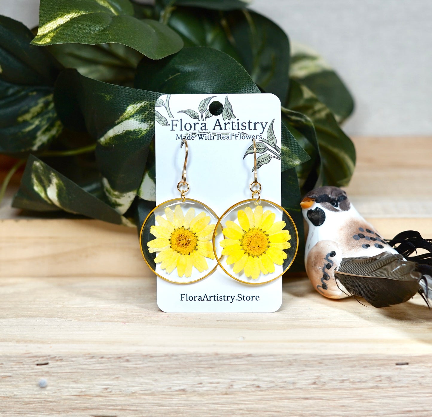 Sunny Yellow Daisy Flower Hoops Dangle Earrings