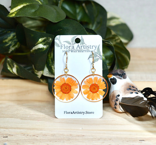 'Summer's Sunset' Orange Daisy Flower Hoops Dangle Earrings