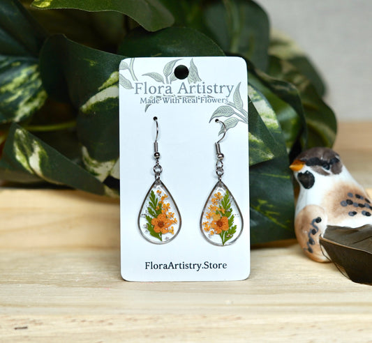 Orange Flower Fern Silver Shimnmer Teardrop Dangle Earring