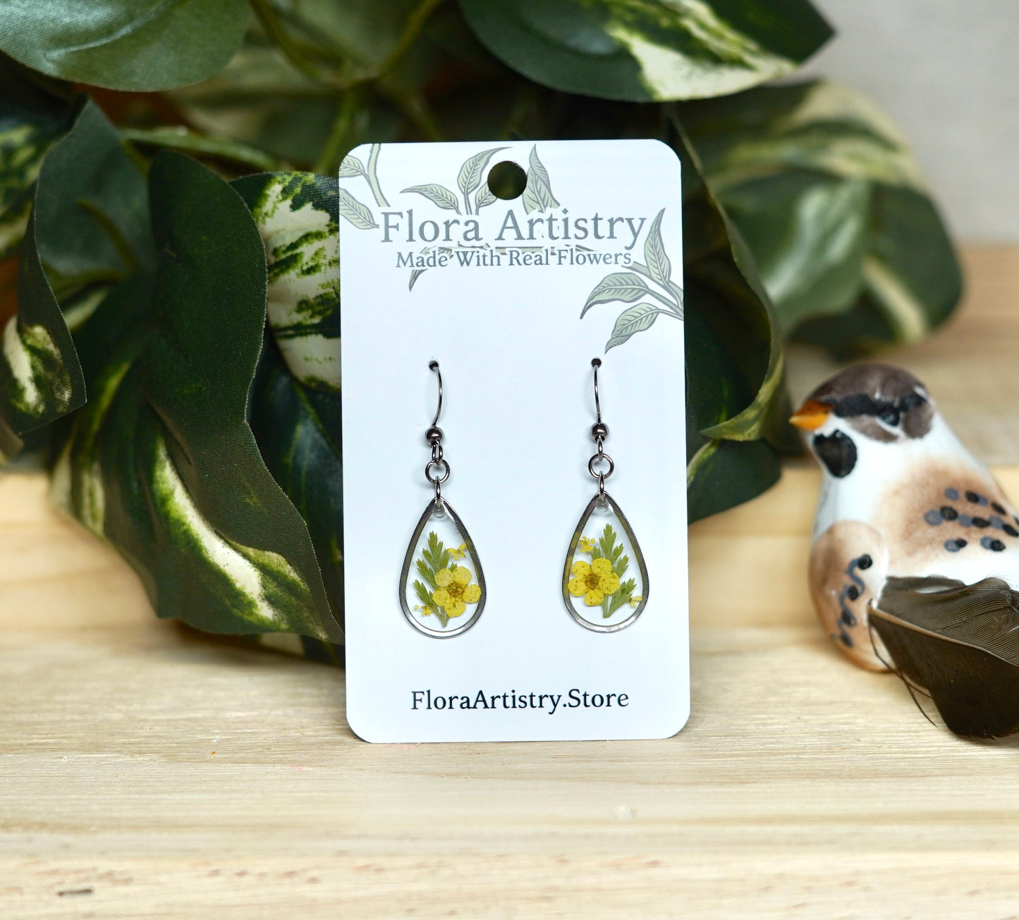 Yellow Flower Botanical Fern Flower Teeny Teardrop Dangle Earring