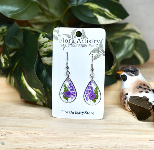 Purple Flower Fern Silver Shimmer Teardrop Dangle Earring