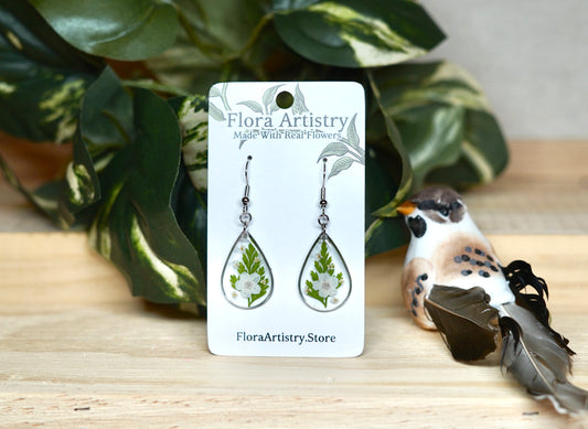 ‘Sincerely White’ Botanical Flower Teardrop Dangle Earring