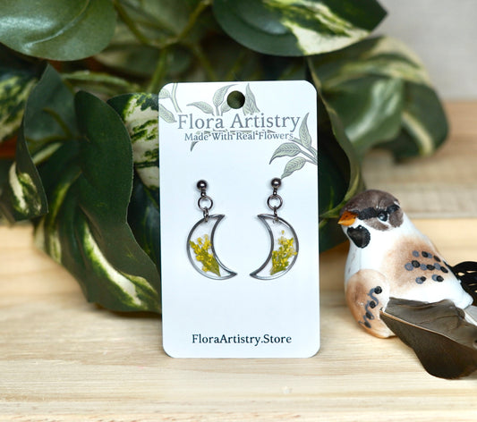 Yellow Botanical Flower Moon Stud Earring