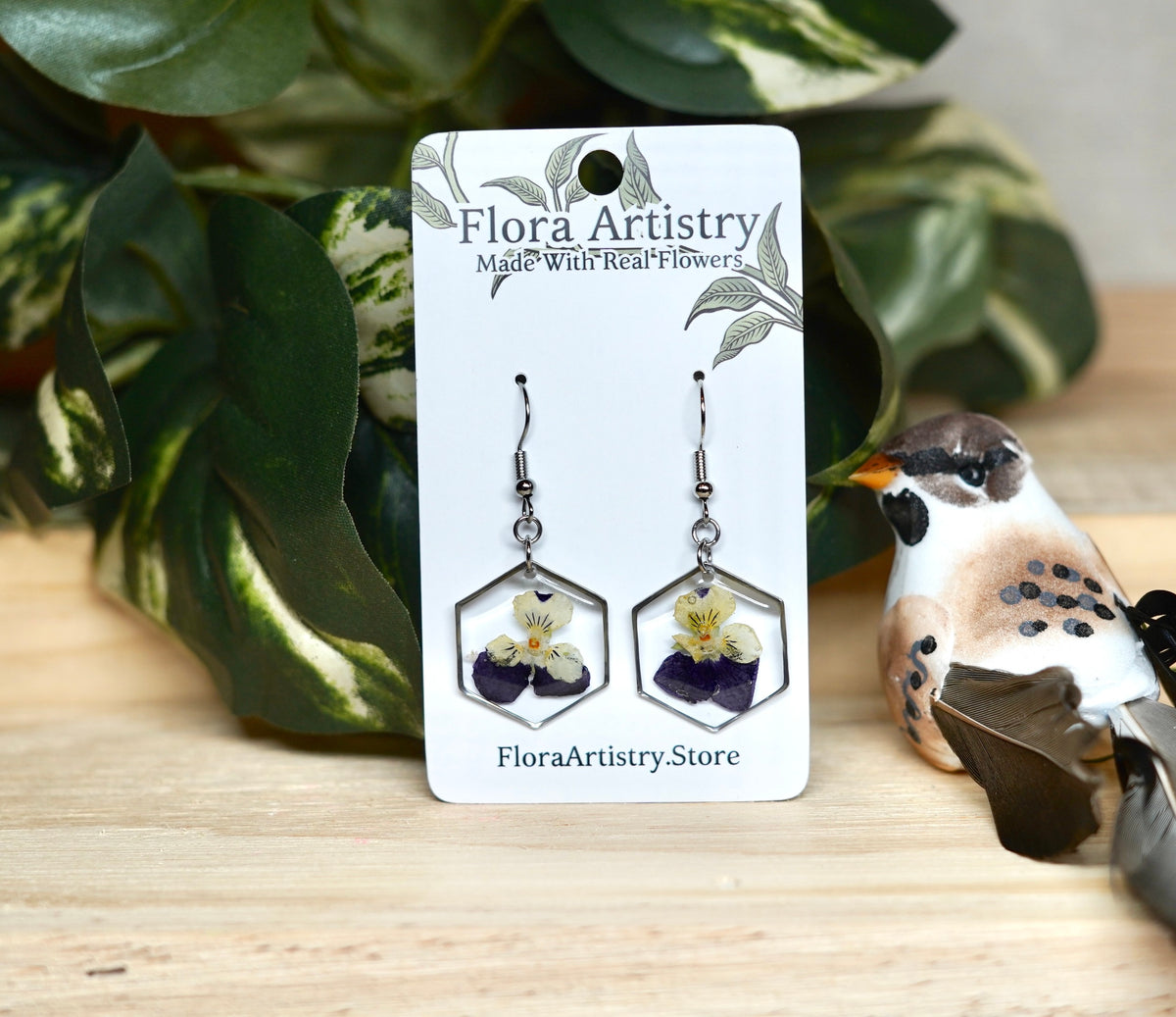 Pressed Pansy Flower Hexagon Dangle Earring