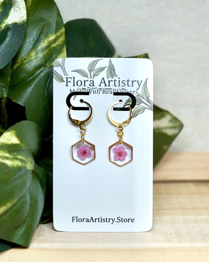 Pink Pressed Flower Huggie Hoops Earring