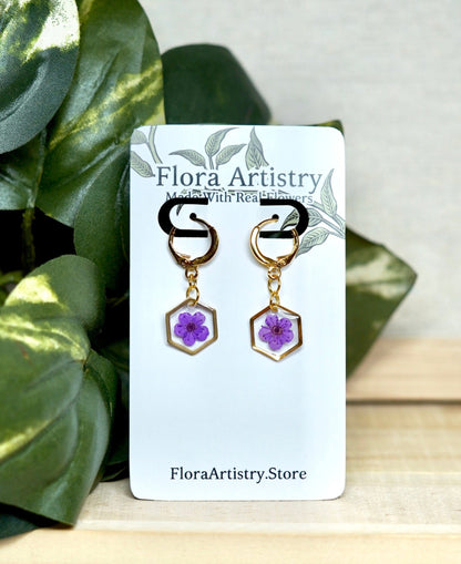 Purple Pressed Flower Huggie Hoops Earring