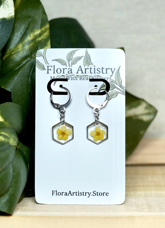 Yellow Pressed Flower Huggie Hoops Earring