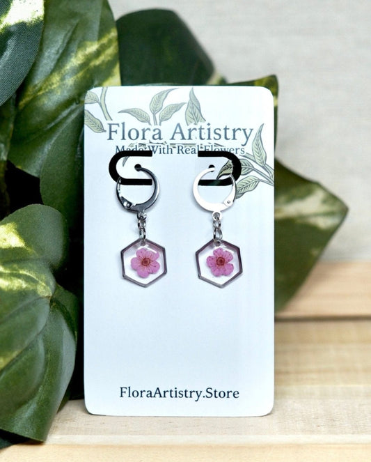 Pink Pressed Flower Huggie Hoops Earring