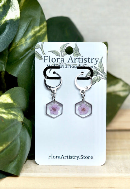 Pastel Purple Pressed Flower Huggie Hoops Earring