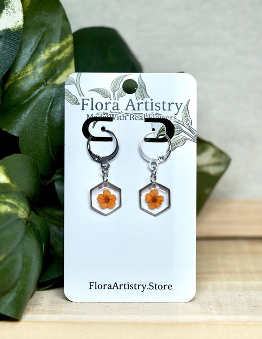 Orange Pressed Flower Huggie Hoops Earring