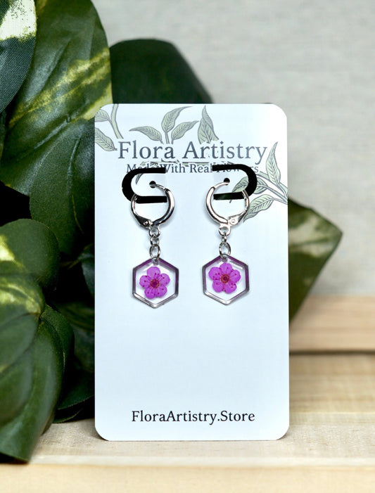 Hot Pink Pressed Flower Huggie Hoops Earring