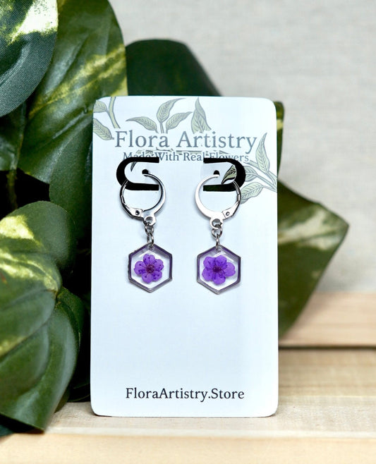 Purple Pressed Flower Huggie Hoops Earring