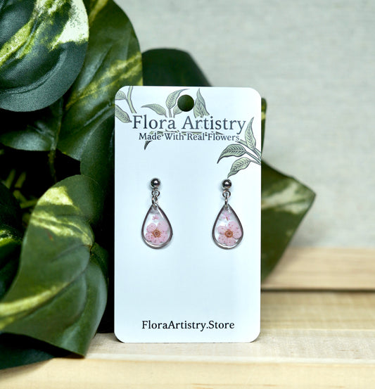 Teeny Teardrop Pastel Pink Flower Stud Earrings