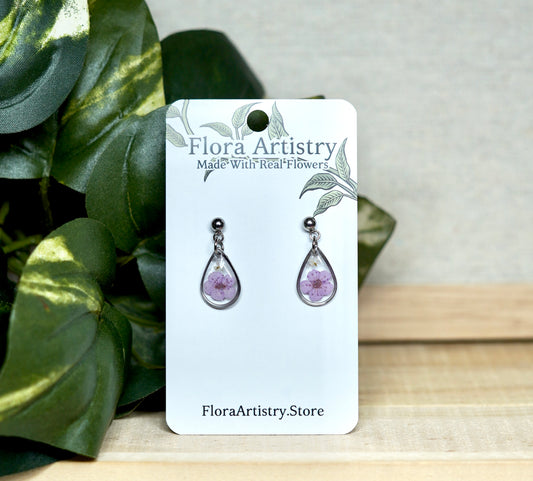 Teeny Teardrop Pastel Purple Flower Stud Earrings