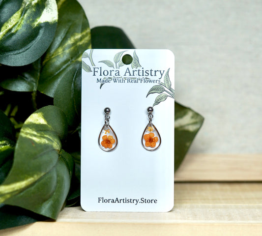 Teeny Teardrop Orange Flower Stud Earrings